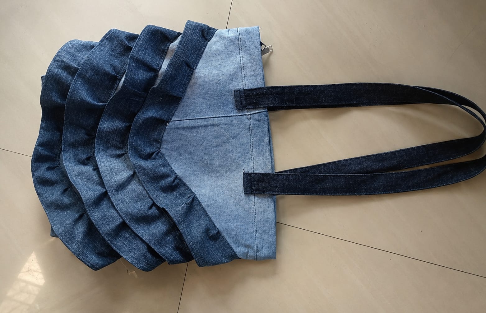 Layered frill denim tote bag with long shoulder straps