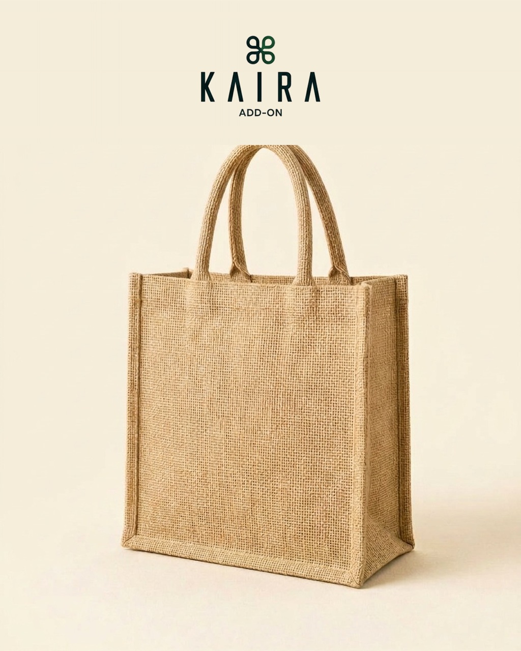 KAIRA.ADDON Jute Shopping Bag in natural woven jute with a firm base and sturdy handles