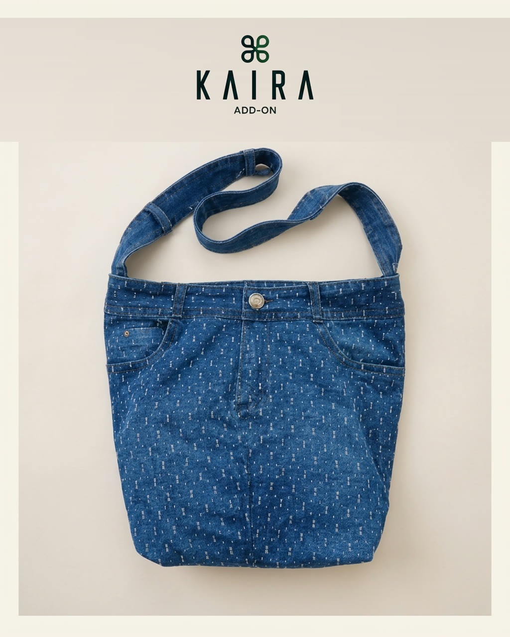 KAIRA.ADDON Denim Tote Sling Bag in soft upcycled denim with the original jeans waistband and a long shoulder strap