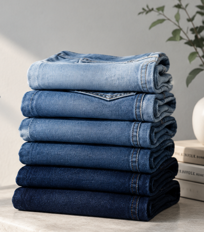 A neat stack of six pairs of folded jeans in graded blue shades, waiting to be upcycled into handcrafted KAIRA.ADDON bags