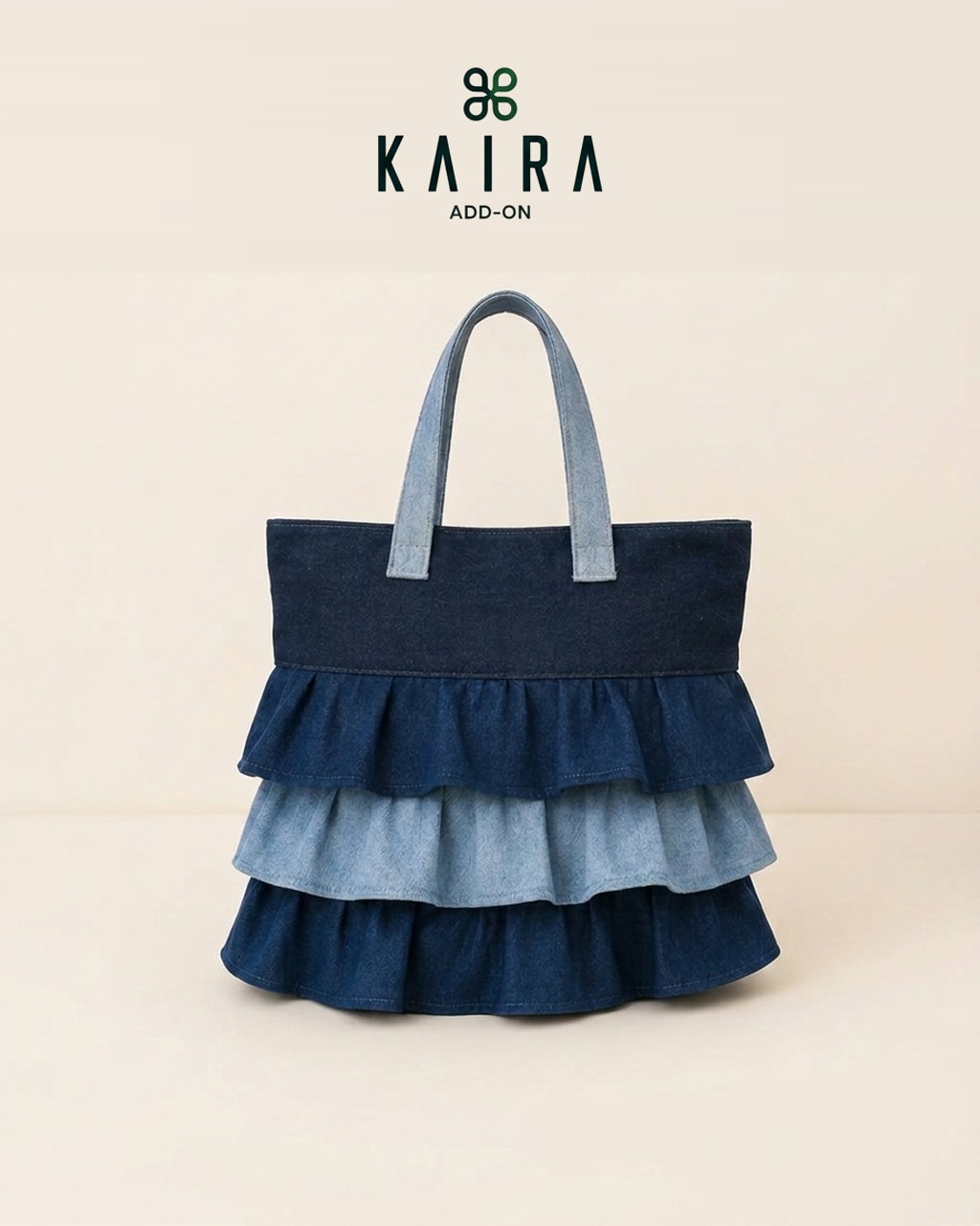 Signature KAIRA.ADDON Denim Frill Tote Bag with three gathered frills in graded blue denim washes and twin shoulder handles