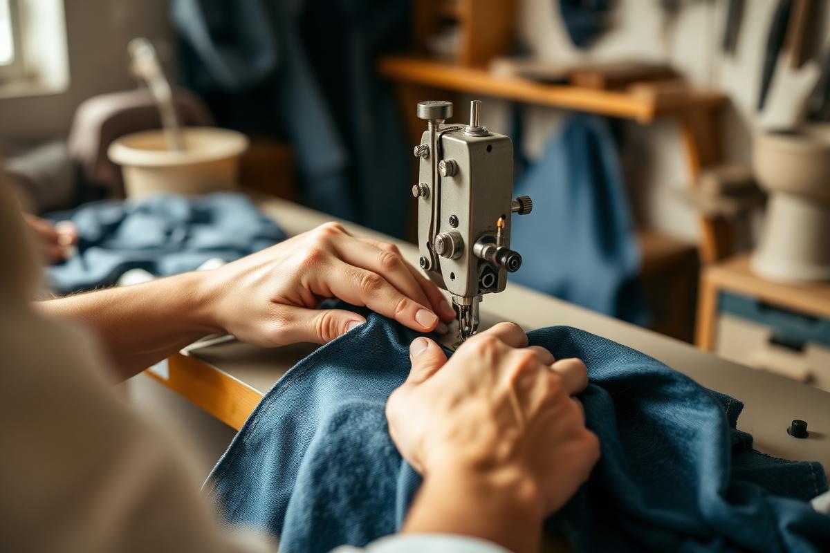 Artisan stitching upcycled denim into a bag at the KAIRA.ADDON studio in Ahmedabad